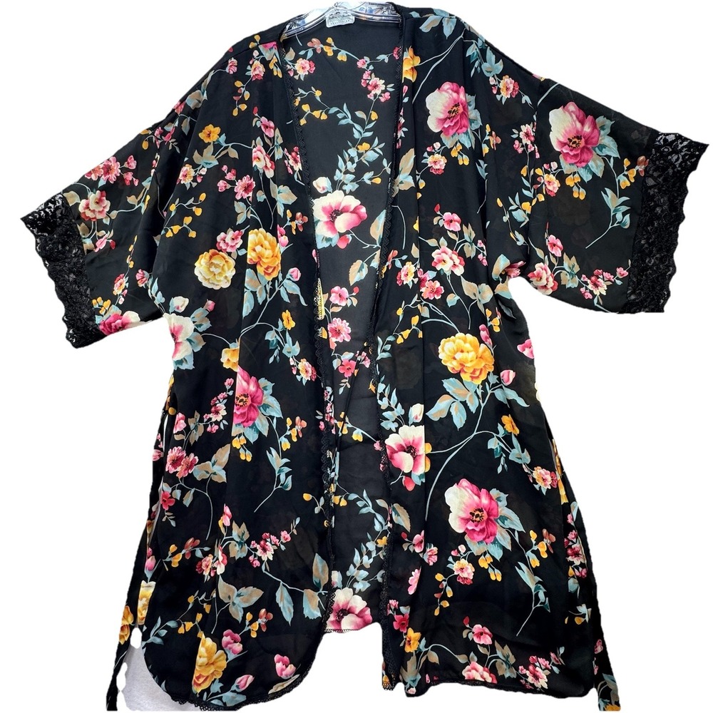 Vintage Delta Burke Large‎ / XL Black Floral Chiffon Robe Kimono Coverup Boho